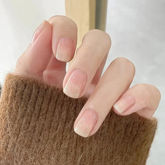24pcs Cat's Eye French Fake Nails Tip Blush Short Square False Nail with Diamond Sweet Full Cover Ballet Wearable Press on Nails