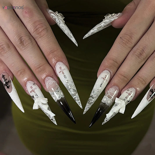 24pcs Dark Punk Style Press On Nails White Lace Cross Printed 3D Bowknots Decor Fake Nails Long Pointed Spicy Girl False Nail