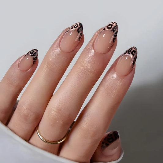 24pcs Simple Almond Fake Nails Sets Leopard Print French Design False Nail Tips Reusable Fashion Short Round Press on Nails Art