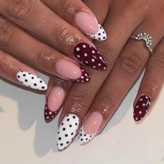 24Pcs Mid-length Almond Press on Fake Nails Wine Red French White Polka Dot False Nails Reusable Finished Full Cover Nails Tips