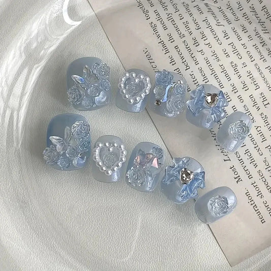 10pcs high-end Short love bow in blue handmade fake nails, Light luxury light blue women's nail decoration patch