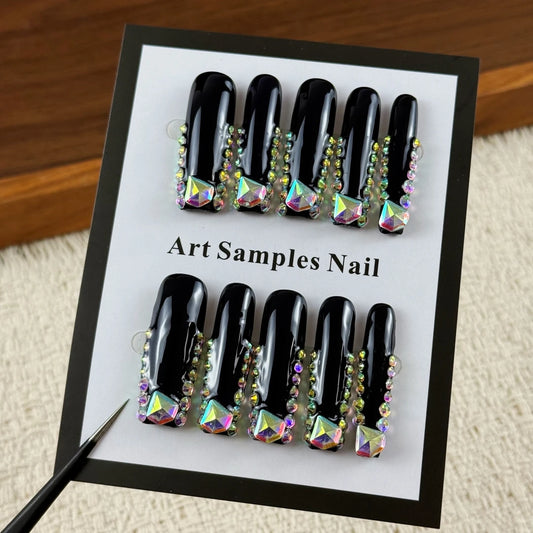 10pcs high-end Dark girl style, hand-painted three-dimensional rhinestones, dazzling multi-diamonds handmade fake nails