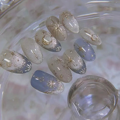 24Pcs Light Blue Smudge Fake Nails Press on Almond Gold Leaf Removable Long Full Cover Nail Tips Wearable Finished Nail Art