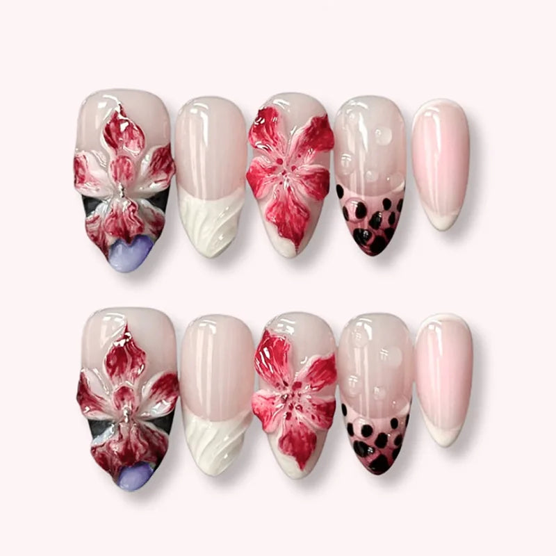 24Pcs French Short Almond Acrylic False Nails Full Cover Flower Pink Sweet Lovely Finished Nail Set Wearable Artificial Manicure