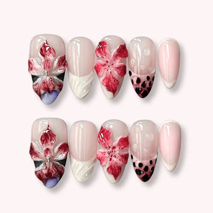 24Pcs French Short Almond Acrylic False Nails Full Cover Flower Pink Sweet Lovely Finished Nail Set Wearable Artificial Manicure