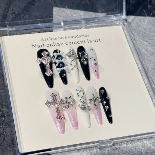 New 10PCS Pink Handmade Press-on Nails Bow Cross Y2K Wearing Armor Hot Girl Nail Patch Press On Nails For Nail Art INS