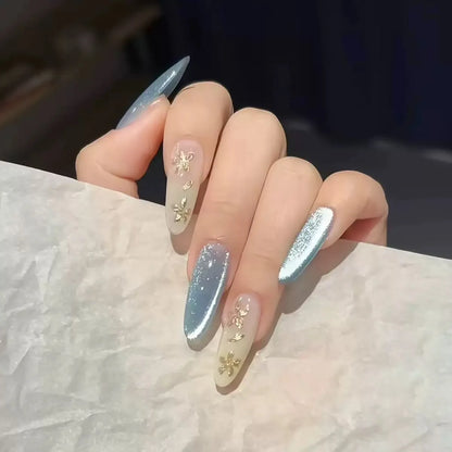 24Pcs Light Blue Smudge Fake Nails Press on Almond Gold Leaf Removable Long Full Cover Nail Tips Wearable Finished Nail Art