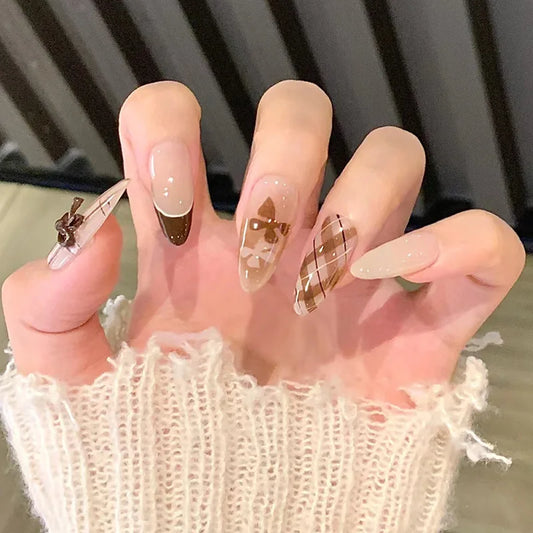 24Pcs Mid-length French Almond False Nails Brown Checkered 3D Bow Design Full Cover Fake Nails Tips Art Reusable Press on Nails