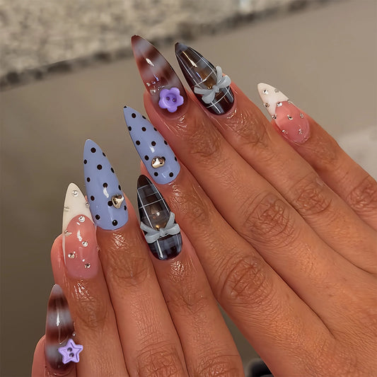 24pcs Long Stiletto False Nails Deep Plaid Blue Brown Stripes French Style Fake Nails Cute Bowknots Flower Button Press On Nail