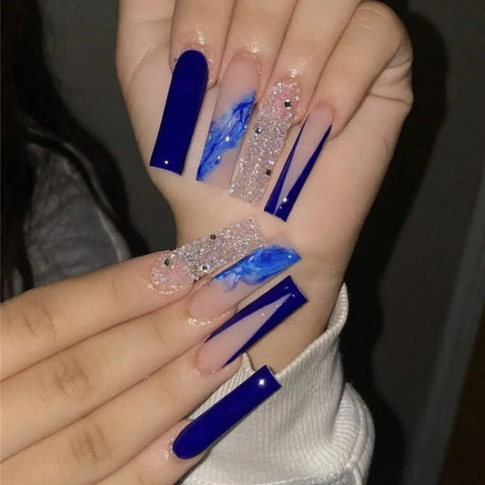 24Pcs Blue Smudge French Fake Nails Long Ballet Reusable False Nails Press on Rhinestone Shiny Powder Full Cover Nails Tips Art