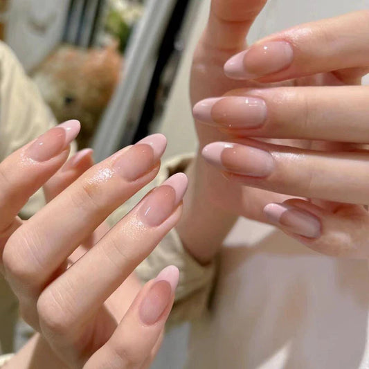 10Pcs Nude Color Handmade Press on Nails Full Cover Gradual Change Crystal Clear French Almond False Nails Manicure Nail Tips