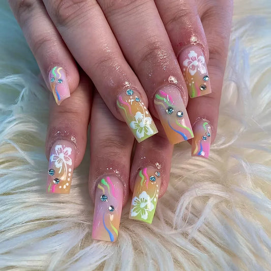 24pcs Finished Ballet Stick on Fake Nails Sets Colorful Stripe Gradient Square Press on Nails Rhinestone Mid-length False Nail