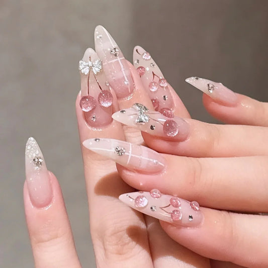 24Pcs 3D Pink Cherry Design Fake Nails Glitter Nude Pink Stiletto Shape Press on Nails for Women Girls Wearable False Nail Tips
