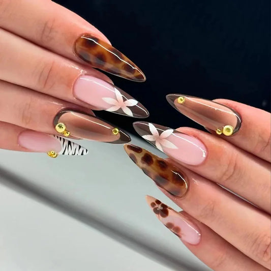 24Pcs Stripe Shiny Powder French Fake Nails Mid-length Almond Press on False Nails with 3D Flower Reusable Full Cover Nails Tips