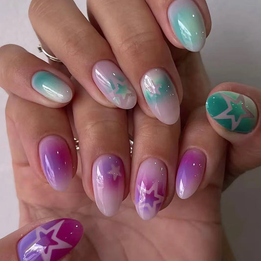 24pcs Short Round Head False Nails Y2k Star Pattern Gradient Press on nails Wearable Reusable Summer Fashion Fake Naik Tips