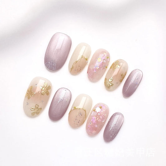 10Pcs Mid-length Almond Handmade Press on Fake Nails Cat's Eye Gilded Flower Design False Nails Detachable Full Cover Nails Tips