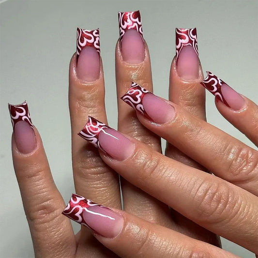 24pcs Sweet Love Press on Nails Valentine's Day Gift For Girls Wearable False Nail Tips Full Cover French Square Fake Nails