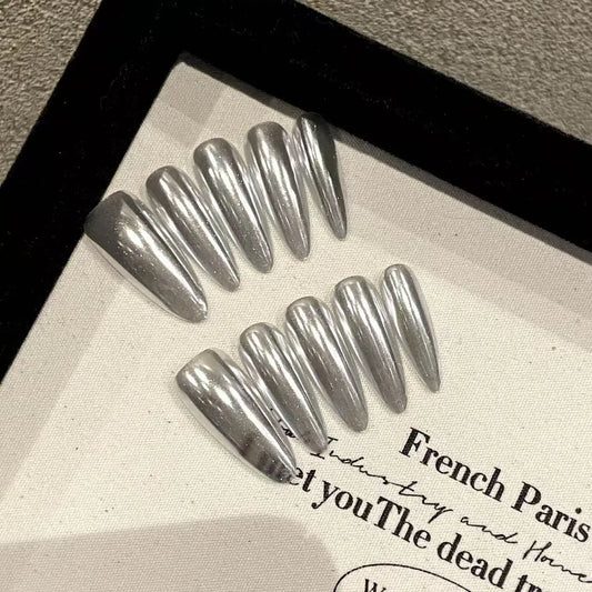 10pcs high-end Mirror-like dark silver handmade fake nails, Long nail decoration patches for ladies