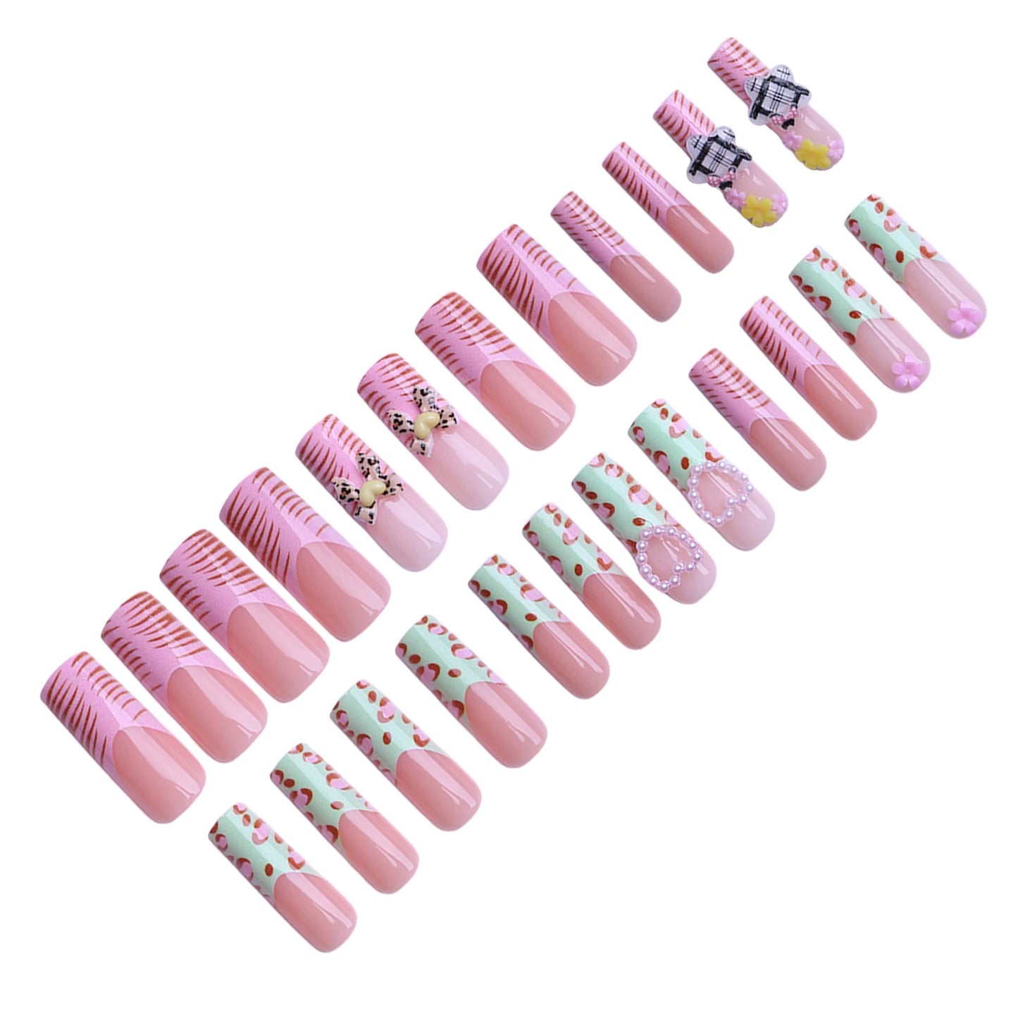 24pcs Long Square Fake Nails Zebra-Leopard Print French Style Spicy Girl False Nails With 3D Heart Bowknots Decor Press On Nails