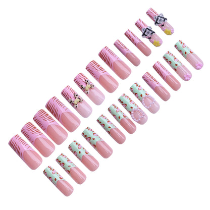 24pcs Long Square Fake Nails Zebra-Leopard Print French Style Spicy Girl False Nails With 3D Heart Bowknots Decor Press On Nails