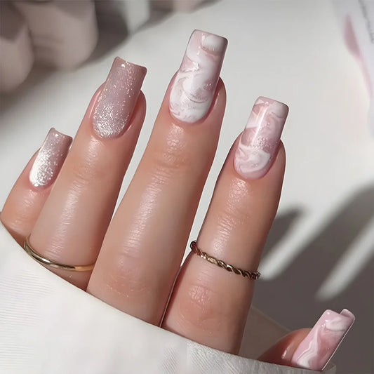 24pcs White French Fake Nails Sets Mid-length Ballet False Nail with Flower Rhinestone Design Press on Nails Art 3D Bow Manicure
