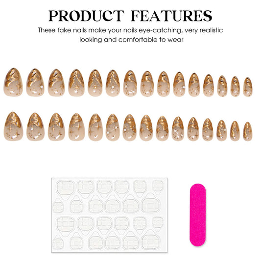 24pcs Almond Press on Nails 3D Gold Star Metal French False Nails Full Cover Nail Tips Handmade Glamorous Nail Art For Women
