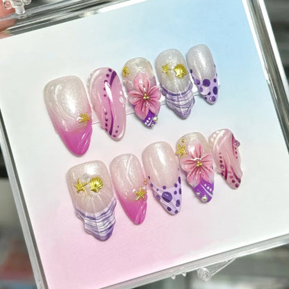 24Pcs Mid-length Almond Press on Fake Nails with Insect Flower Button Design Full Cover Nails Tips Reusable Finished False Nails