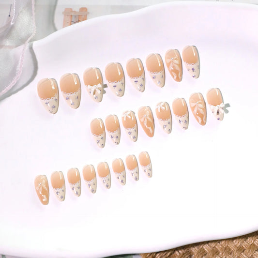 24pcs Ballet Ribbon Bowknots Press On Nails Hand-painted Purple Flower Pattern Fake Nails White French Style Almond False Nail