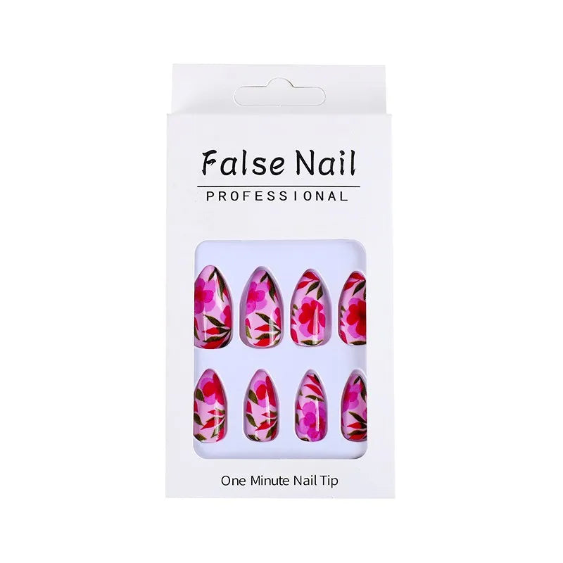 24pcs Flowers Fake Nails Almond Head Press on Nails Patch Fashion Nail Beauty Fake Nail Tips for Girl Women Wearable Full Cover