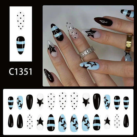 24pcs Y2k Sweet Cool Manicure Blue Black Stripes Five-pointed Star Wave Point Press On Nails Glossy Almond Spicy Girl False Nail
