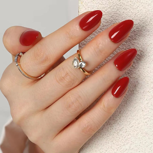 24PCS- Solid color almond fake nails, full coverage of red, simple and elegant, delicate and elegant, suitable for fashion girls