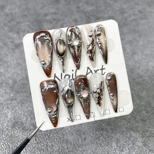 10Pcs/set Long Stiletto Handmade Press on Nails Cat Eye Fake Nails Winter Wearable Stick-on Nails False Nail 네일팁 Накладные Ногти