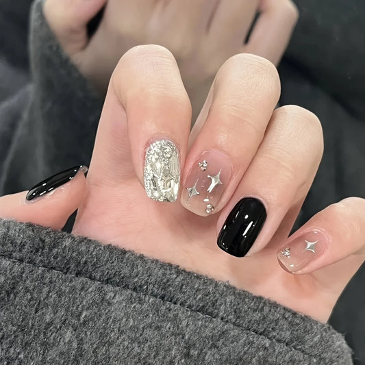10PCS Handmade Press On Nails Ins style black sparkling four-pointed star short fake nails