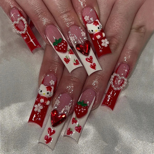 24Pcs Long Coffin-Shaped Nail Stickers, Red French Style, Sanrio Cute Hello Kitty 3D Pink and White Heart Rhinestones, Wearable Nail Set Suitable for Women's Daily Wear and Parties (Includes: One Jelly Glue Strip, One File St