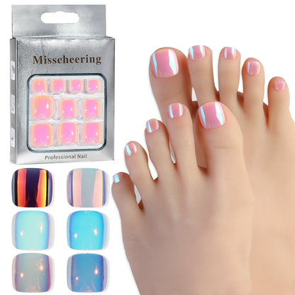 24pcs Glitter Fake Toenails With Glue French Line Glitter False Toe Nails Art Detachable Press On Toenails Acrylic Nails Tips