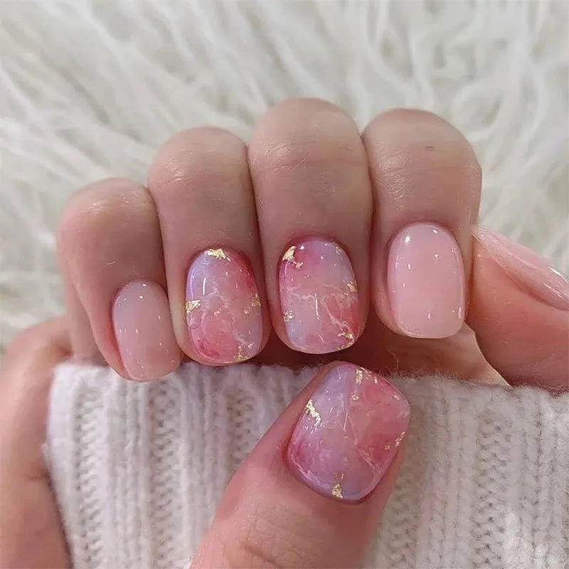 24pcs Wearable Full Cover Nail Ins Colorful Flower Design Stick on False Nails Short Square Press on Nails Nude Pink Fake Nail