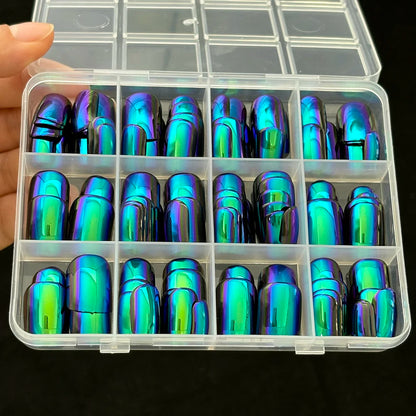 144Pcs Holographic Blue Chrome Press On Nails Iridescent Plating Medium Square Fake Nail for Women Daily Party False Nail Tips D