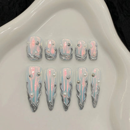 10pcs Silver Aurora Long Stiletto Fake Nails Metal Edge Design Punk Style Handmade Press On Nails Spicy Girl Wearable False Nail