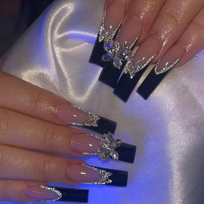 24Pcs Long Square Head French Fake Nail Tips 3D Love Heart Design Press on Nails with Rhinestone Pattern Wearable False Nail Art