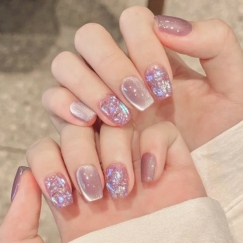 24pcs Cat's Eye Brown Fake Nails Art Fantasy Polka Dot Design Ballet Press on Nails Tips Short Square False Nail Purple Manicure