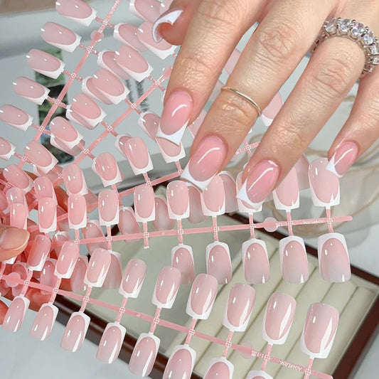 120Pcs Short Square White French Fake Nails Tips Nude Pink Coffin-shaped Glossy Press on nails Full Cover Wearable False Nails-#