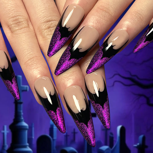 24pcs Wearable False Nails Sets French Purple Long Stiletto Fake Nail Halloween Bat Design Almond Press on Nails Tips Finished