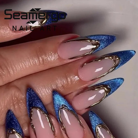 24PCS French Cat Eye Fake Nails Gold Plated Removable Press on Nails Long Almond Shape European American Spicy Cool False Nails