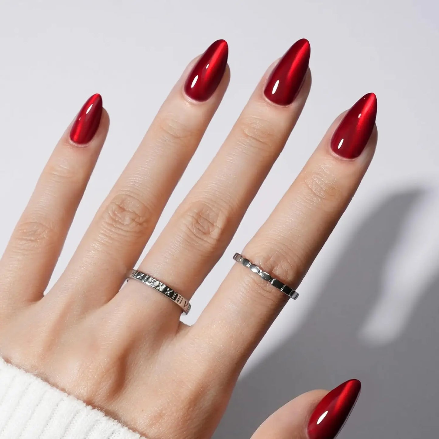 24PCS Medium Almond Fake Nails, Red Cat Eye Design, Sparkling Fake Nails, Handmade Full Coverage Acrylic Women'S Nail Art