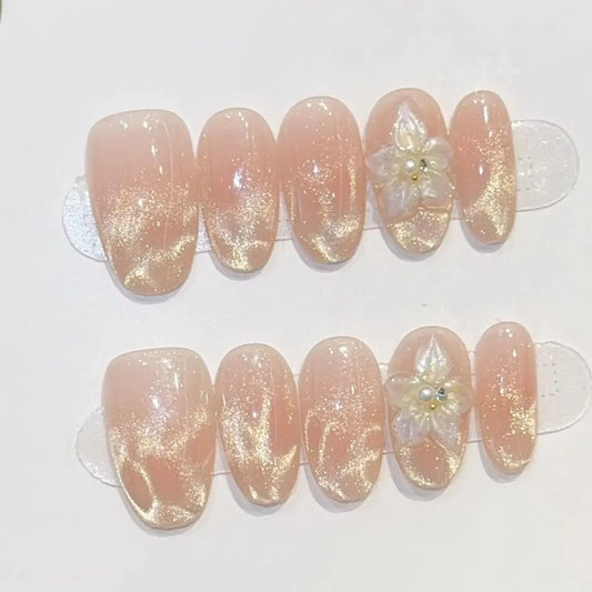 10Pcs Golden Beach Cat-eye Design Nail Patch Short Oval False Nail with Carved White Flower Artificial Manicure Summer for Women
