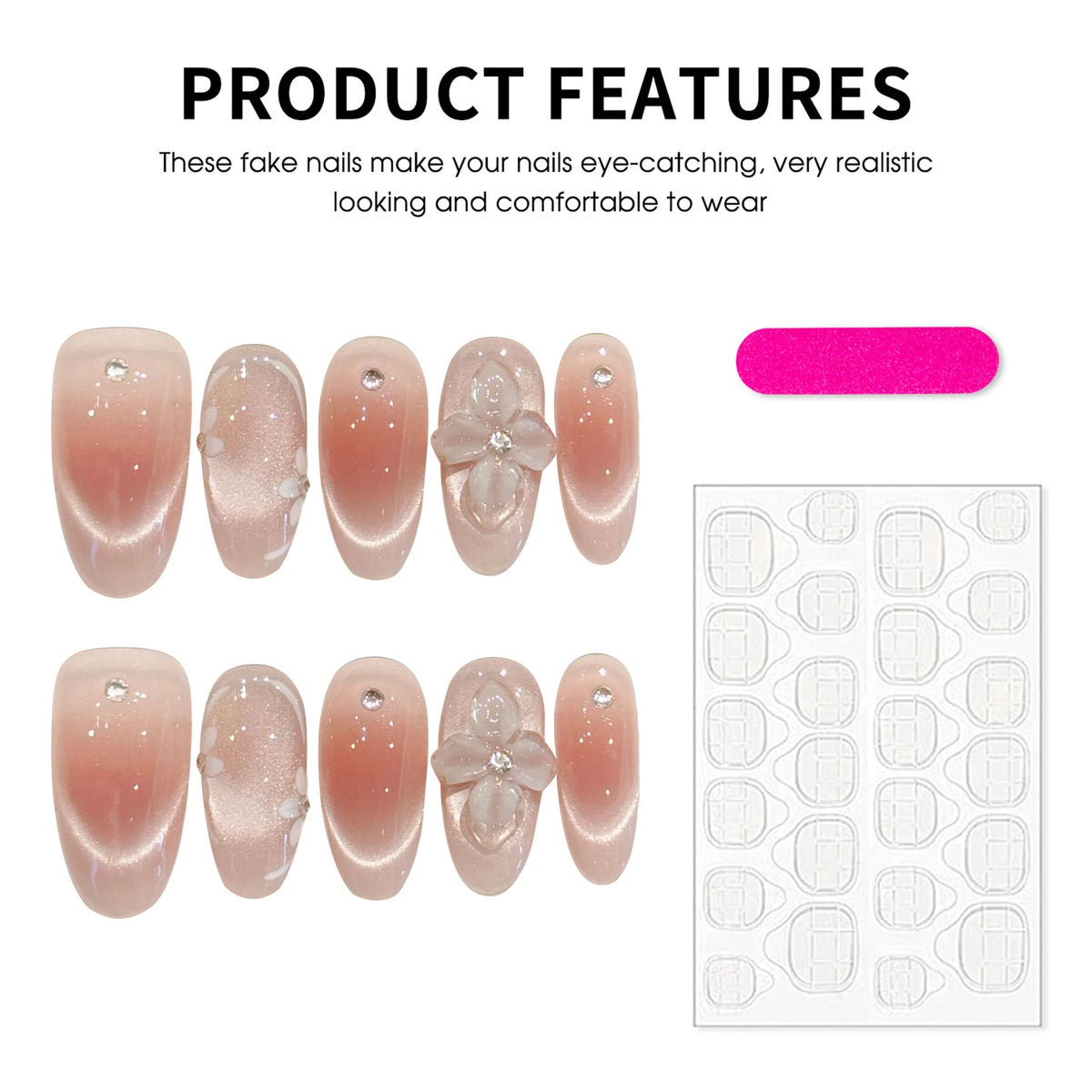 10pcs Handmade Press On Nails Ice Transparent French Style Blush Cat's Eye False Nails 3D Relief Flower Decor Sweet Fake Nail