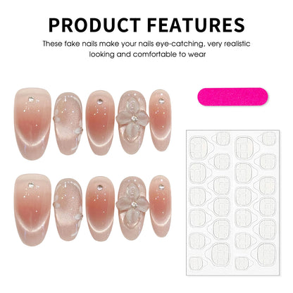 10pcs Handmade Press On Nails Ice Transparent French Style Blush Cat's Eye False Nails 3D Relief Flower Decor Sweet Fake Nail