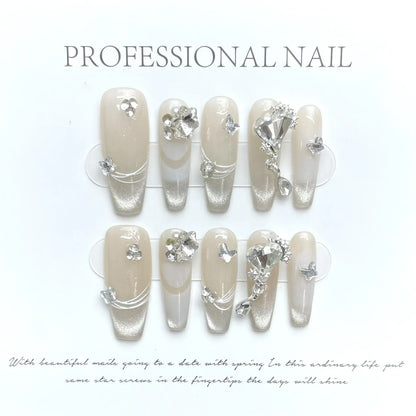 10Pcs Handmade Press on Nails Long Ballet Blue Fake Nails with 3D Ocean Moon Rhinestone Design False Nails Full Cover Nail Tips