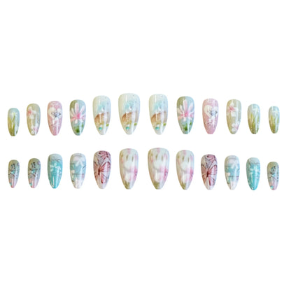 24pcs Little Fresh Butterfly Flower Press On Nail Spring Summer Gradient Pink Green Almond False Nail Ins Forest Style Fake Nail