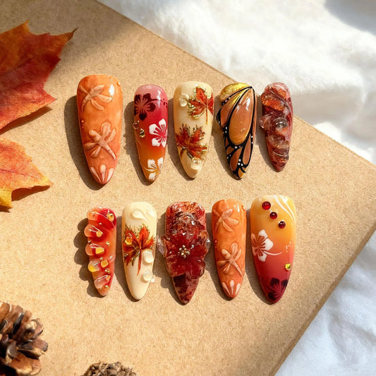 24Pcs 3D Flower Dragonfly Press on Nails Orange Maple Leaf Butterfly False Nails Long Stiletto Wearable Full Cover Fake Nail Tip